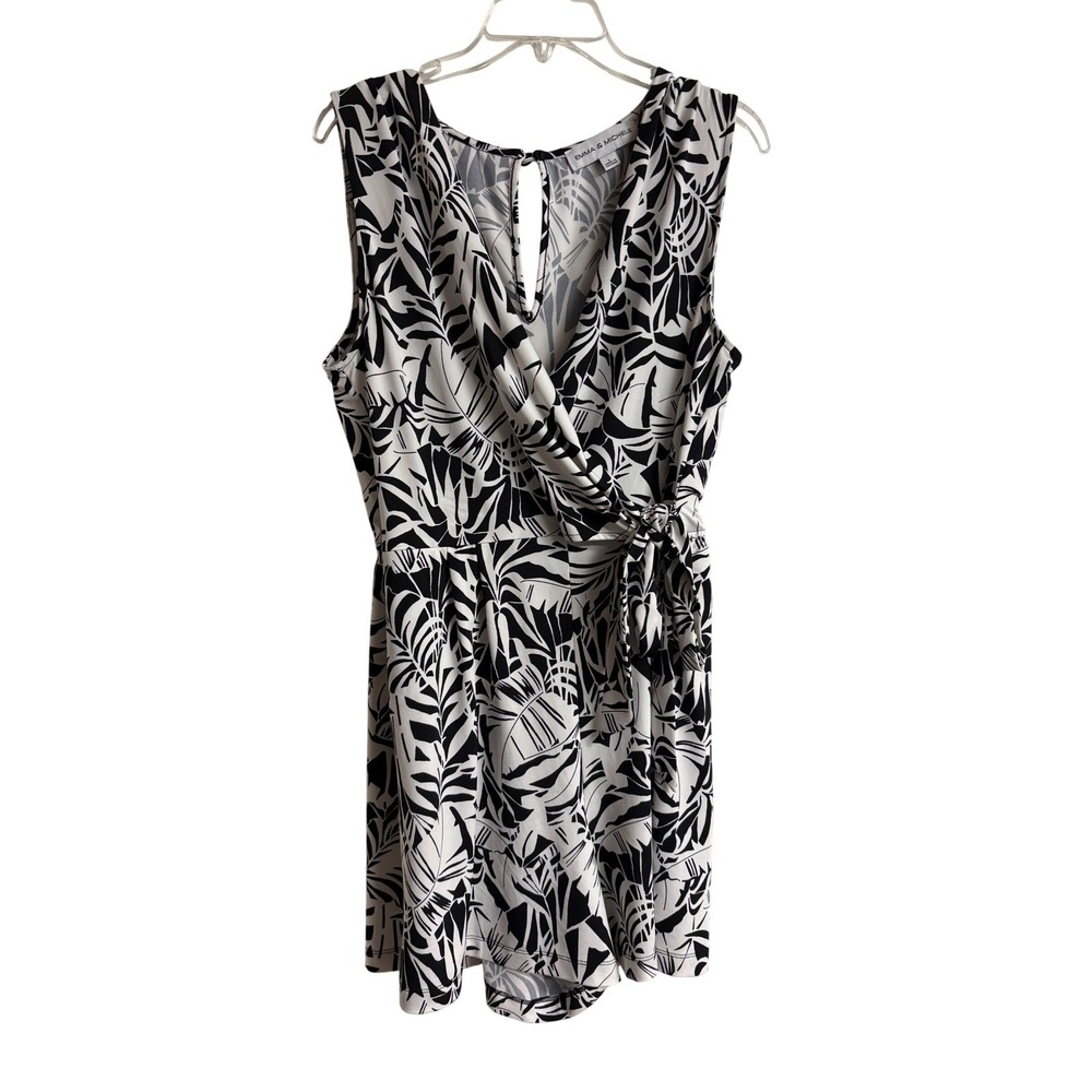 Emma & Michele Black White Tropical Palm Print Sleeveless Wrap Romper Large